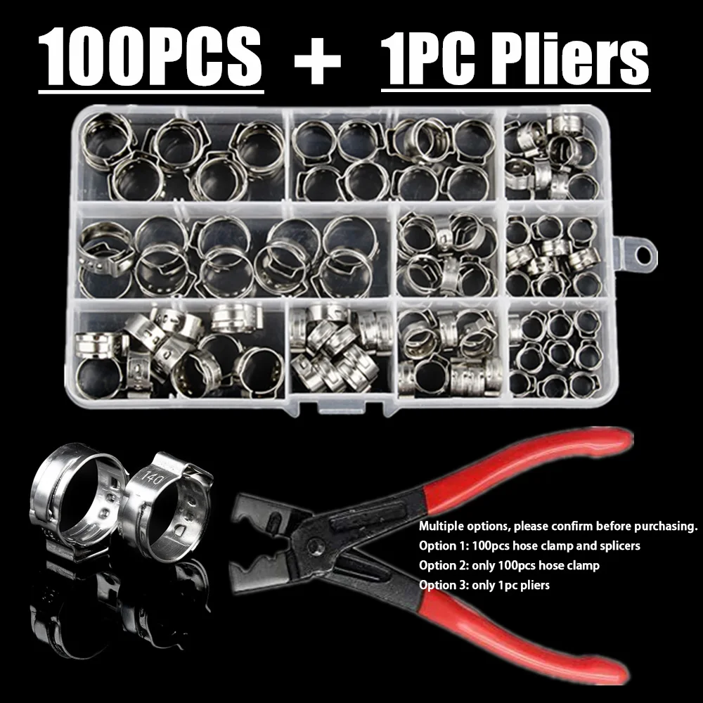 100pcs สแตนเลสสตีล 304 หูเดี่ยว Hoop ผสม + Vise CLAMP แหวน CRIMP Pinch ชุดคีมไม้ Clamps กล่อง