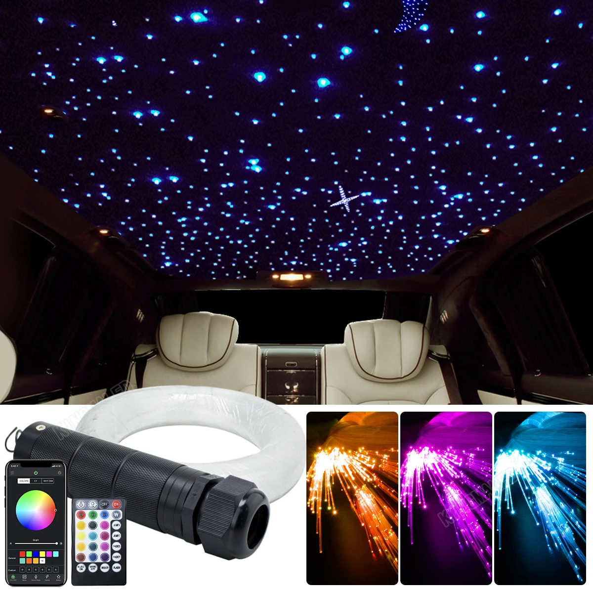 carro telhado estrela luzes fibra optica lampada controle app ceu estrelado fibra optica kits de iluminacao rgbw dc 12v 6w 01