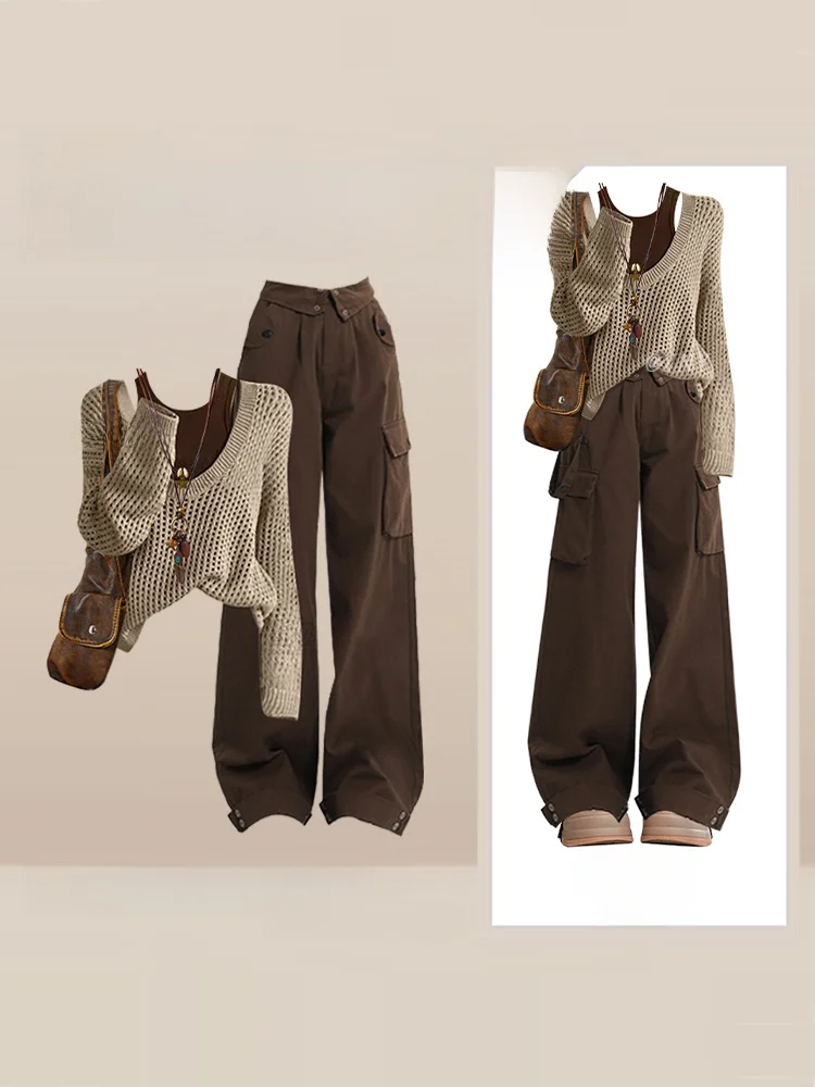 

Осенний винтажный трикотажный комплект длинных свековых полых женских брюк с высокой талией и широкими штанинами, модная футболка-комплект...