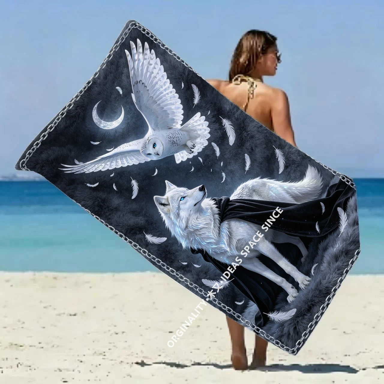 Mystic Wolf Owl Night Beach Towel Patterned Sunscreen And Windproof Suitable For Swimming Pool Camping Travel