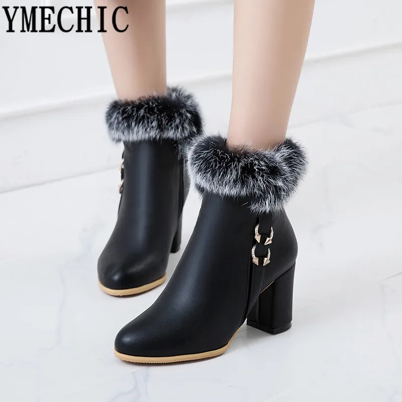 YMECHIC 2023 Fashion Booties Woman White Black Fur Tassel Winter Ladies Shoes Block High Heels Ankle Boots Ladies Plus Size34-43