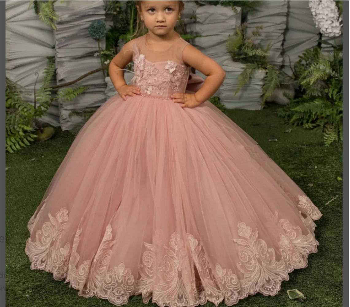 

Flower Girl Dress With Bow Long Train Flower Lace Dresses Satin Wedding Prom Gowns Birthday First Communion Dress