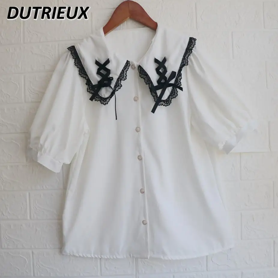 

Sweet and Cute Girl Versatile Splicing Bow Strap Contrasting Shirt New Niche Design Blouse Short-sleeved Versatile Top