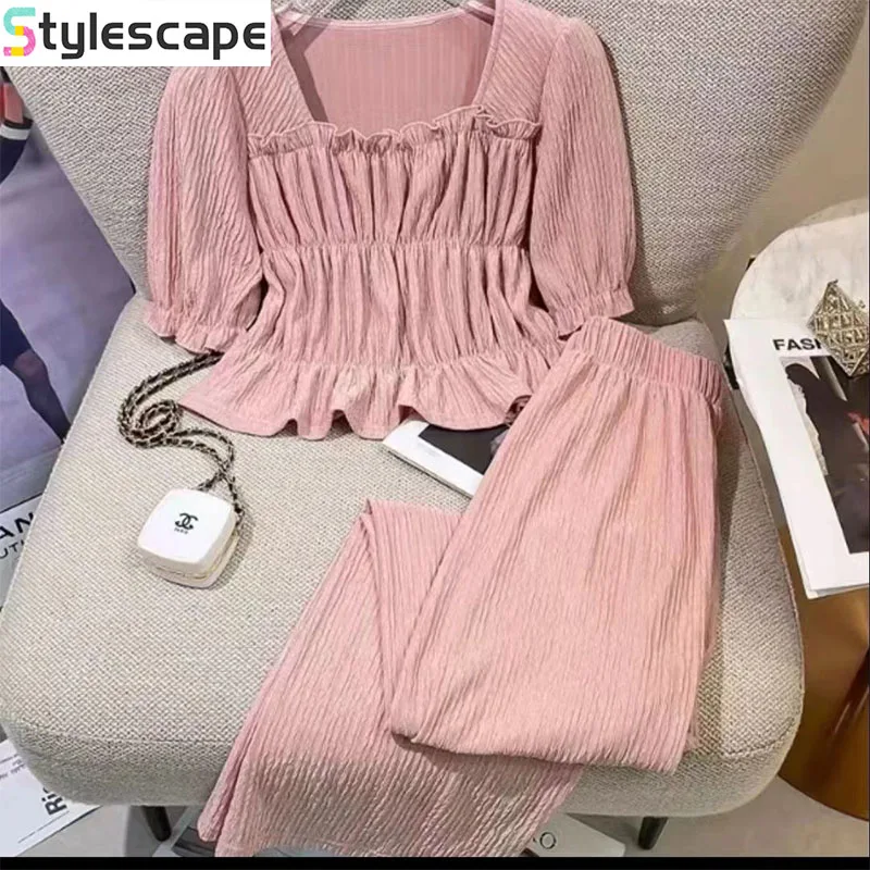 

Fashion Suit Women's Summer New 2025 French Bubble Pleated Square Collar Temperament Short Sleeved High Waisted Two-piece Set