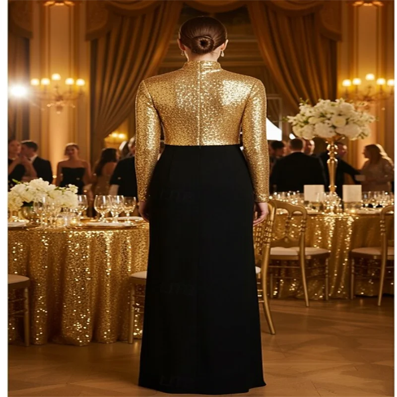 Robe de soirée fourreau/colonne à paillettes noires et dorées, robe formelle élégante, longueur au sol, manches longues, col haut