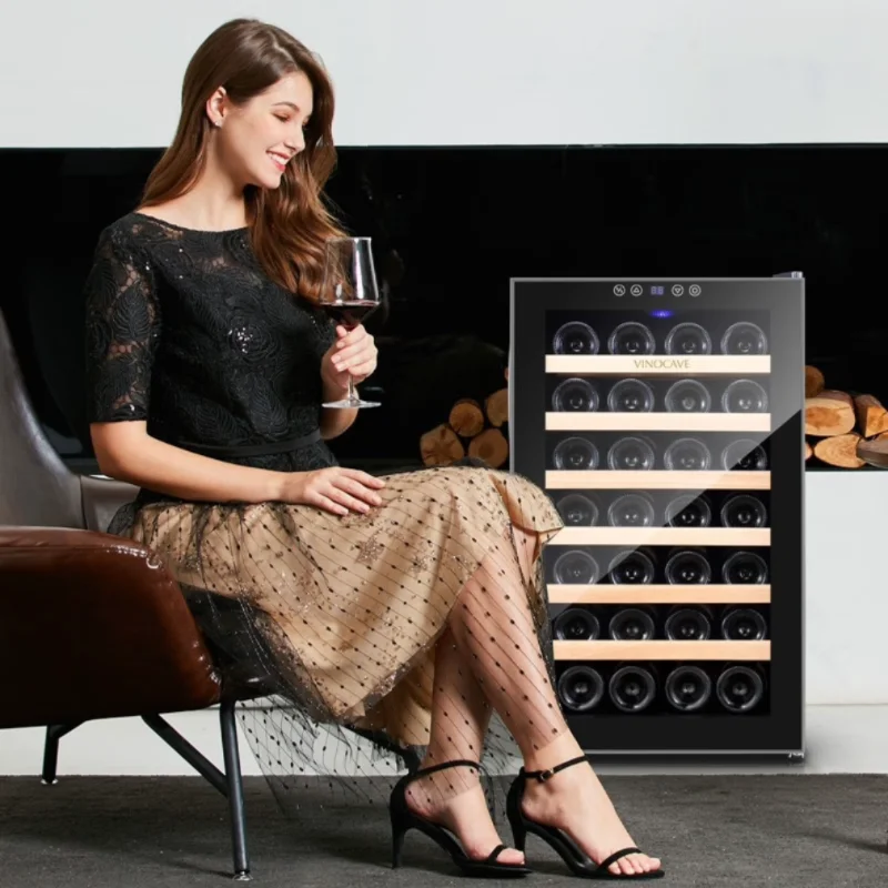 32-Bottle Freestanding Wine Cooler Large 93L Capacity Dual Zone Beech Wooden Shelf Refrigerator 220V Function for Display
