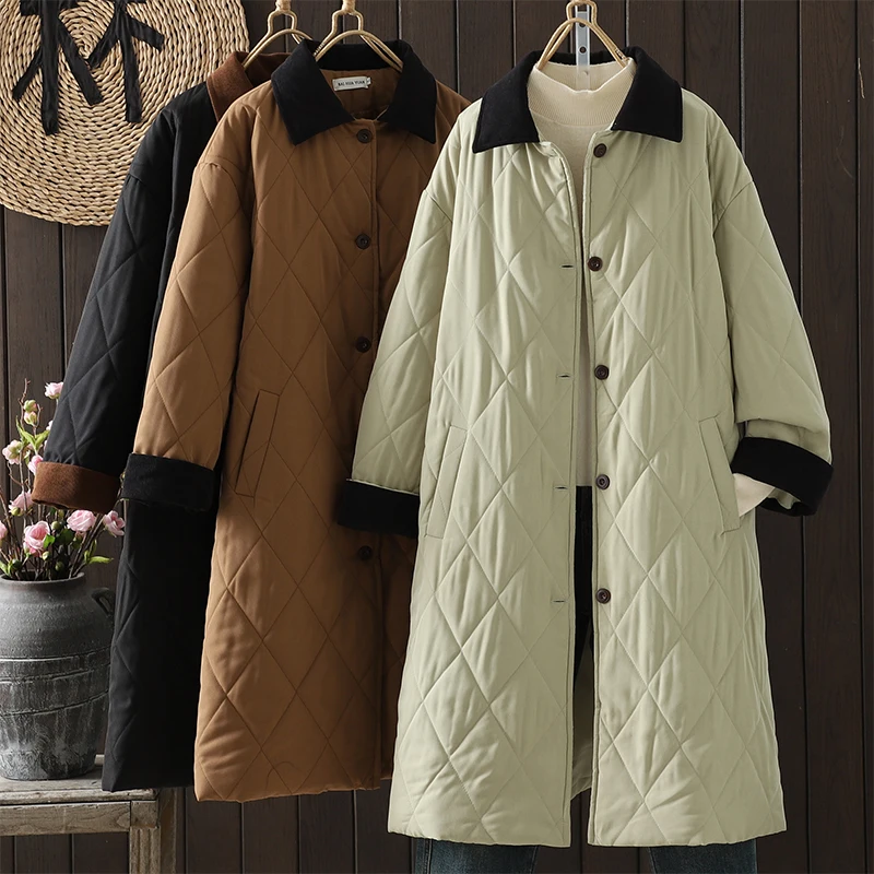 

Retro Fashion Light Corduroy Patchwork Diamond Cotton Jacket Loose Fit Versatile Long Sleeve Collar Mid-Length Coat