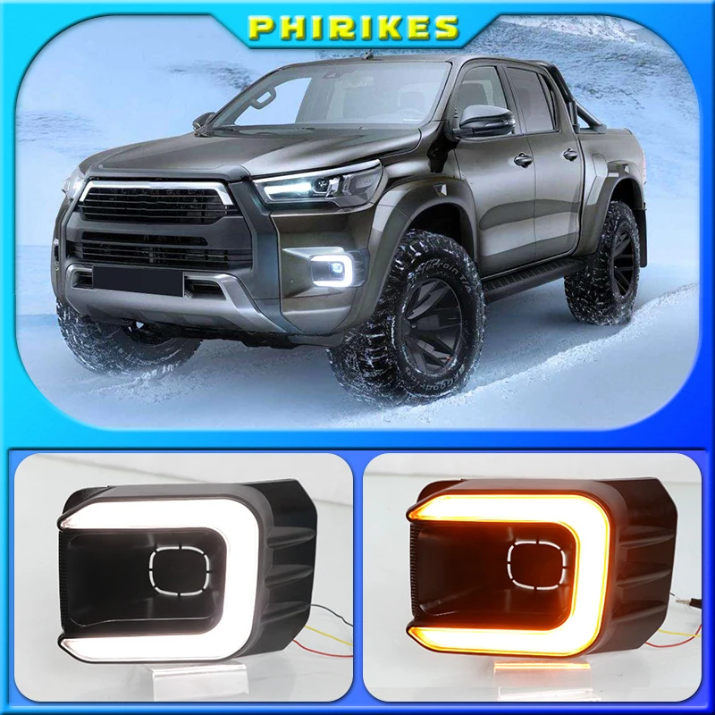 

12V LED DRL Daytime Running Light For Toyota Hilux Revo 2020 2021 Waterproof Yellow Turn Signal Indicator Light Bumper fog lam