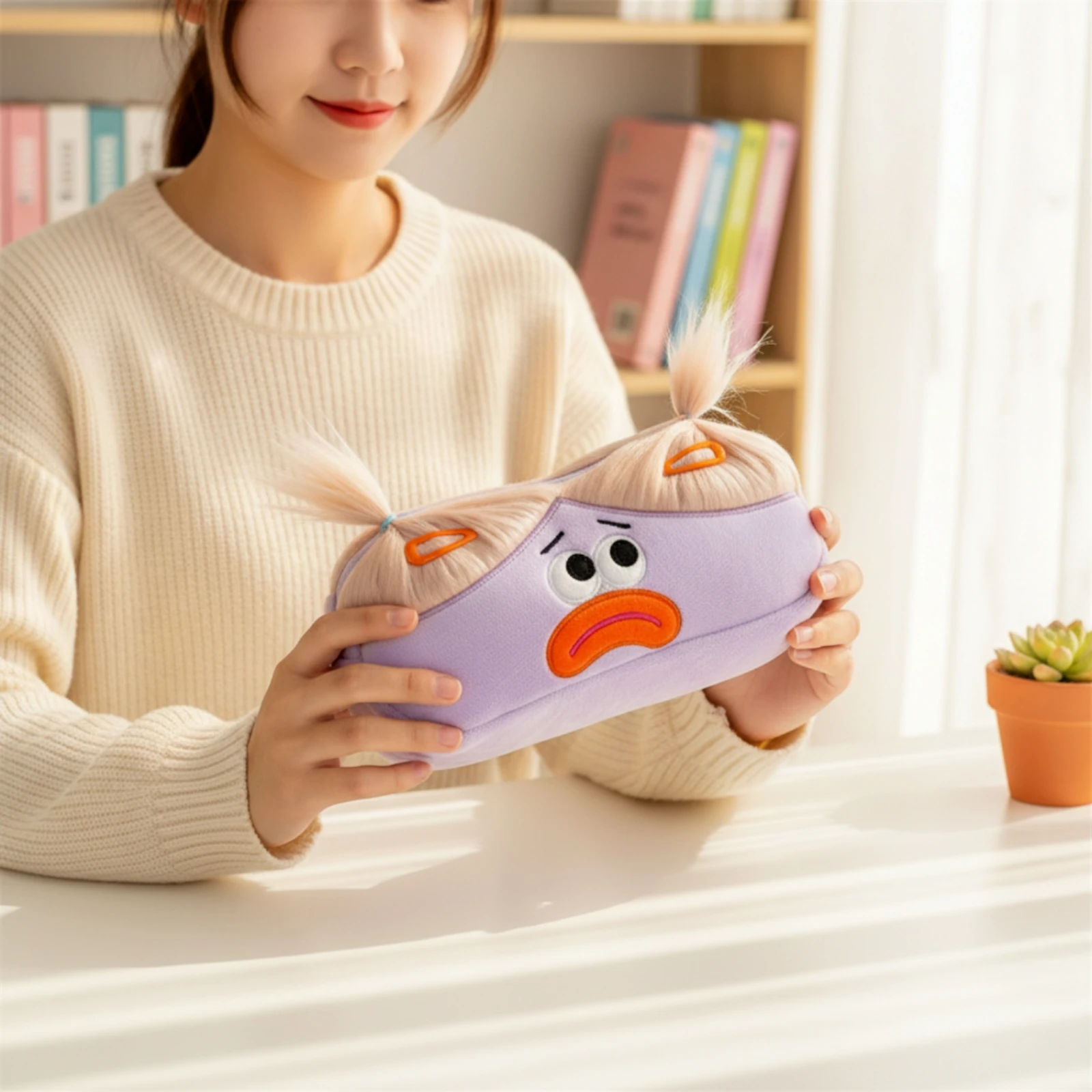 Soft Pencil Case Embroidered Face Stuffed Pencil Pouch Cute Stationery Case Soft Tufts School Accessory Fuzzy