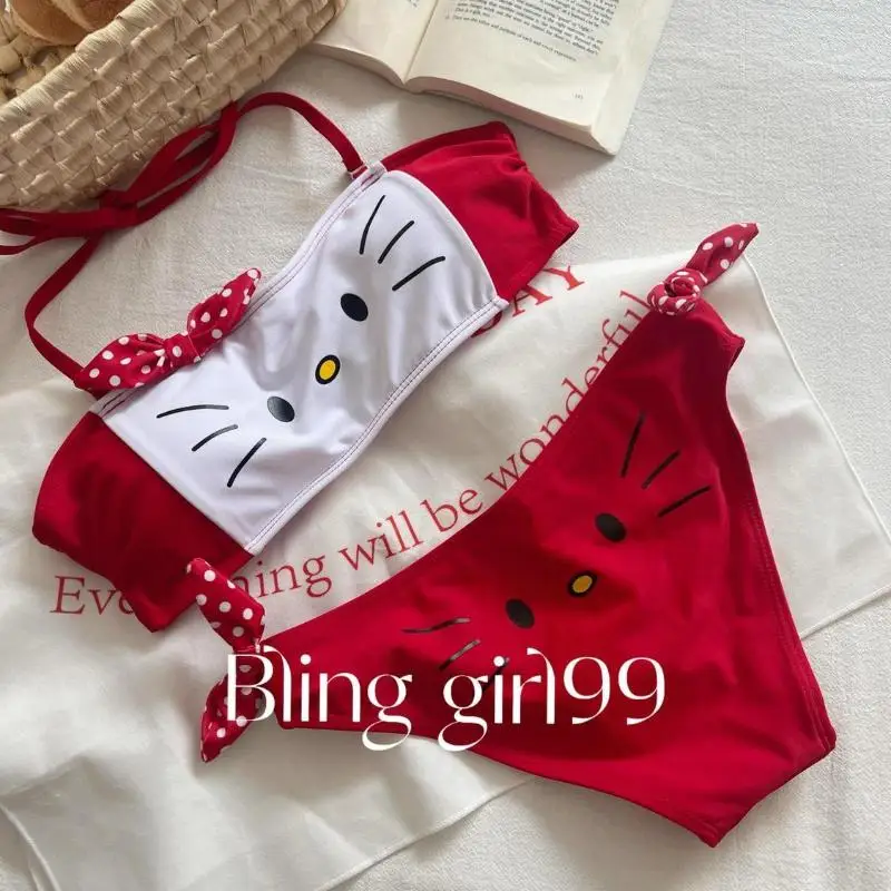 Sanrio traje de baño Hello Kitty Bikini Sexy estilo Ins chica Kawaii cerdito pecho triángulo traje de baño dividido chicas calientes isla Vavation