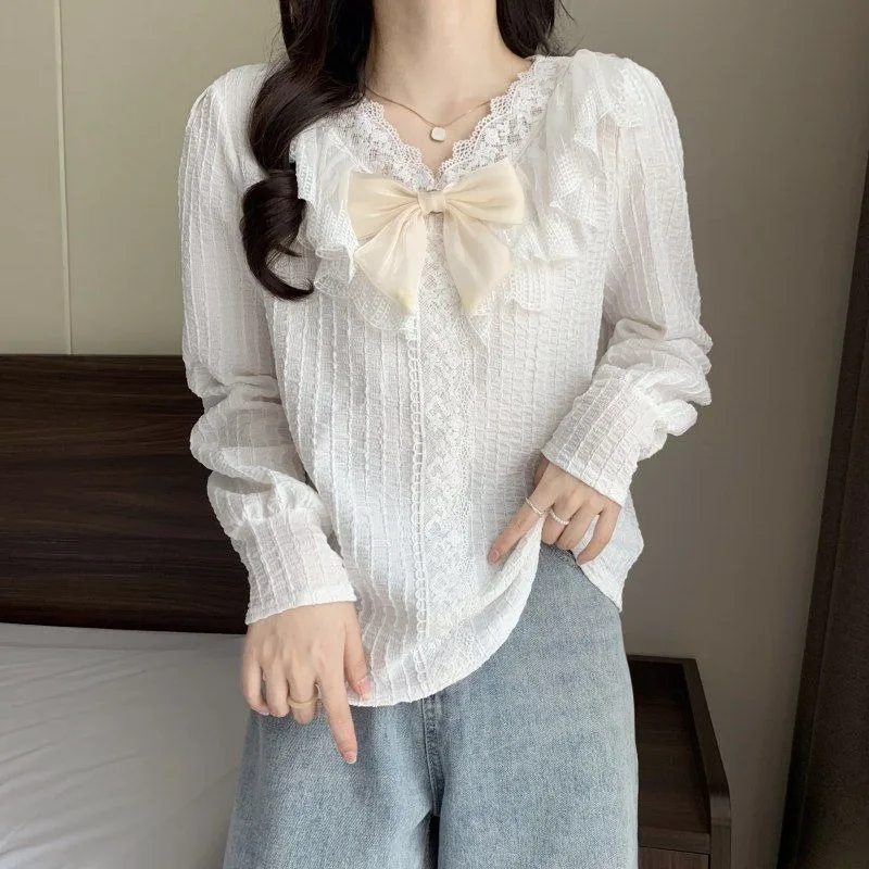 Femme printemps été mode Preppy Style bouton couleur unie col en v coton femmes chemises jeune Style animé à manches longues haut t-shirt