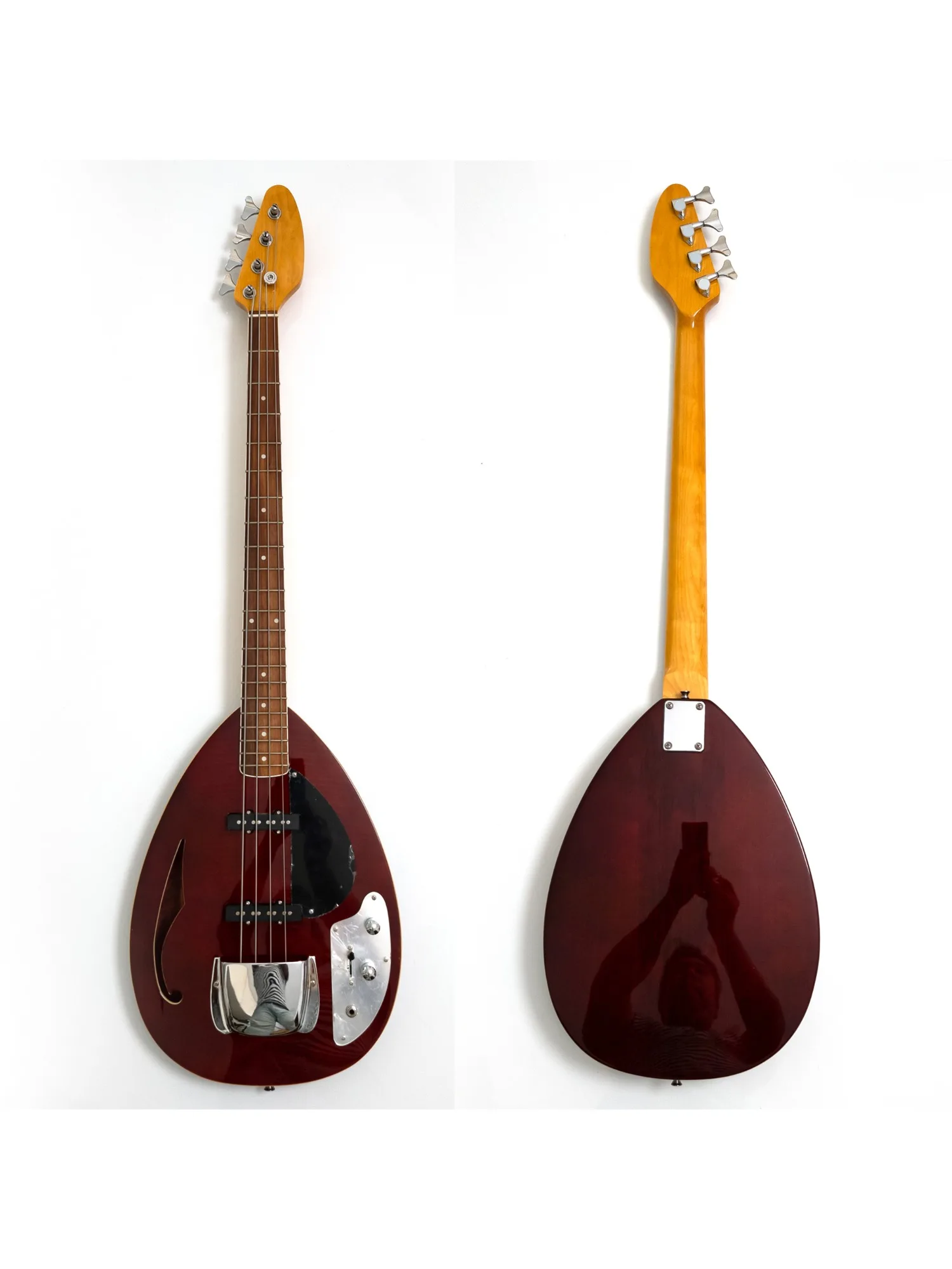 4-snarige semi-holle body elektrische basgitaar, mahonie body esdoorn hals palissander toets, JB pickups rood - afbeelding 2
