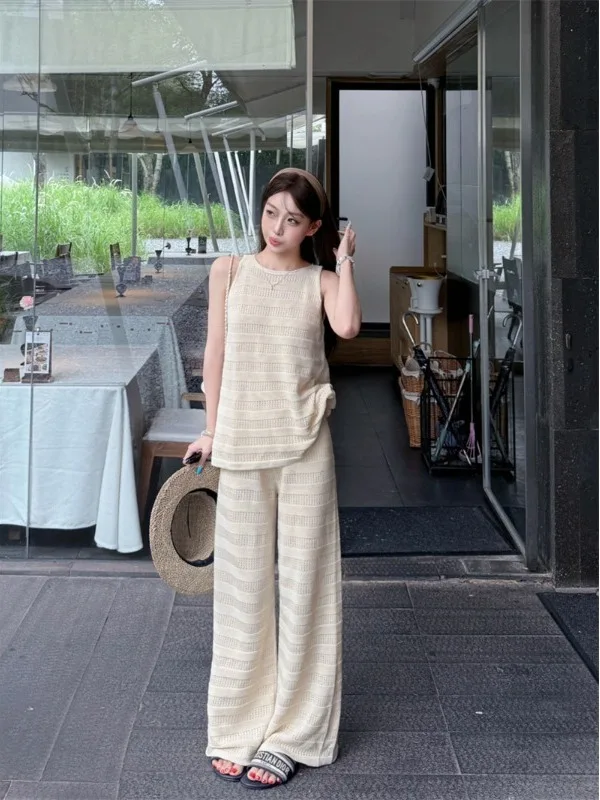 High Waist Knitted Vest Top Summer Set Women's Sleeveless Fashionable Breathable round Neck Two-Piece Suit for Adults