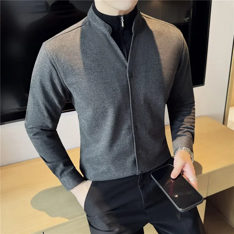 Autumn Winter Fake 2 Pieces Half Zipper Woolen Shirts Fashion V-neck Men Slim Fit Business Formal Wear Thick Sweater Shirt 4XL-M