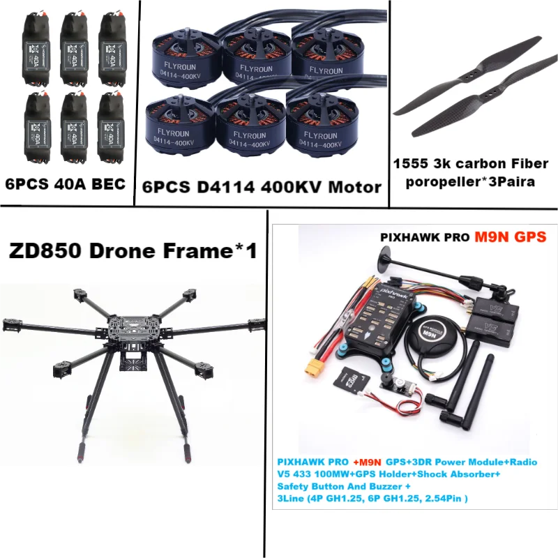 ZD850 PRO M9N Full Carbon Fiber 850mm Hexa-Rotor Frame BLHELI 40A ESC PIXHAWK Flight Comtrol Rado Telemetry Set