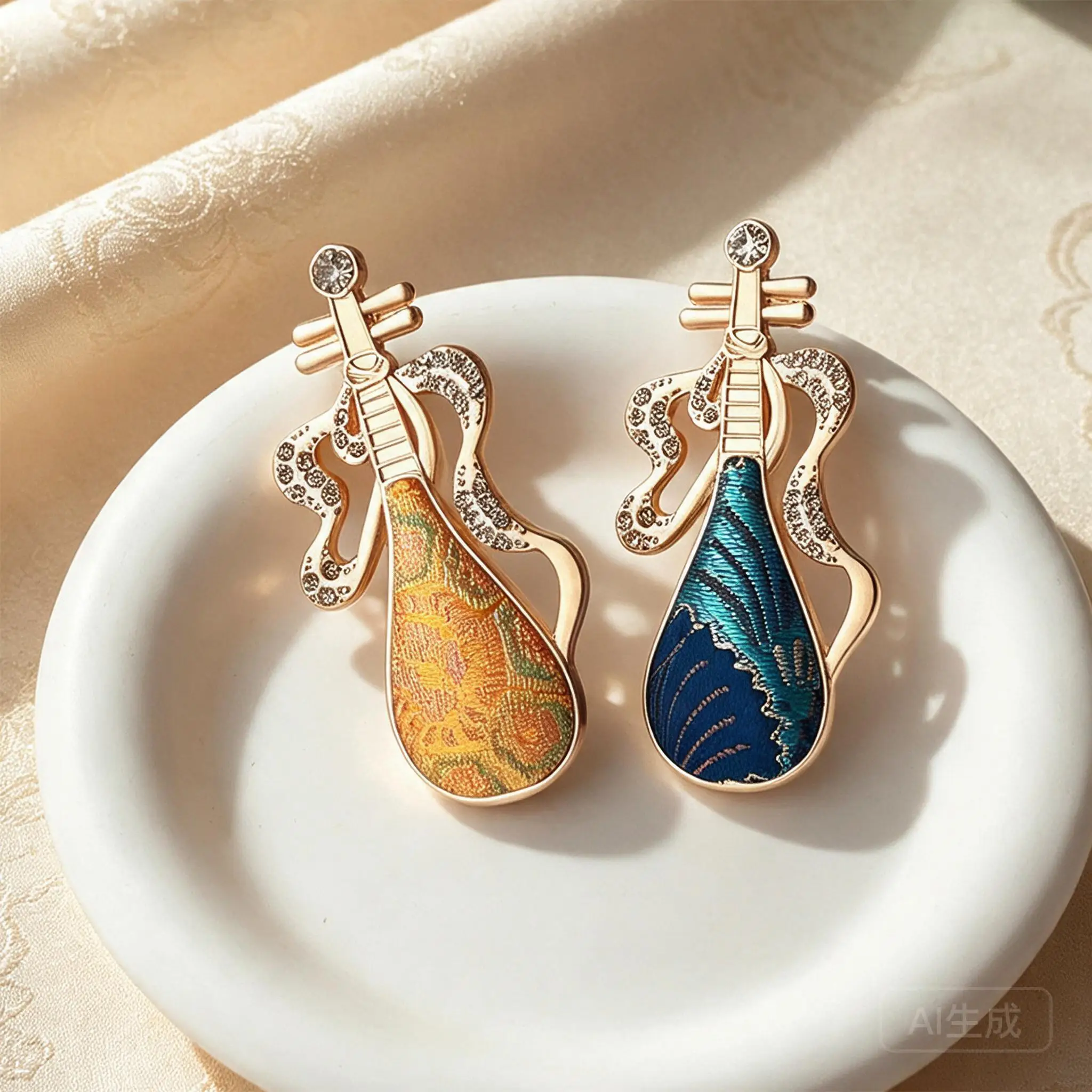 New Chinese Style Song Brocade Pipa Brooch Rhinestone Inlaid Elegant Musical Instrument Pin For Hanfu Cheongsam Dress Accessory