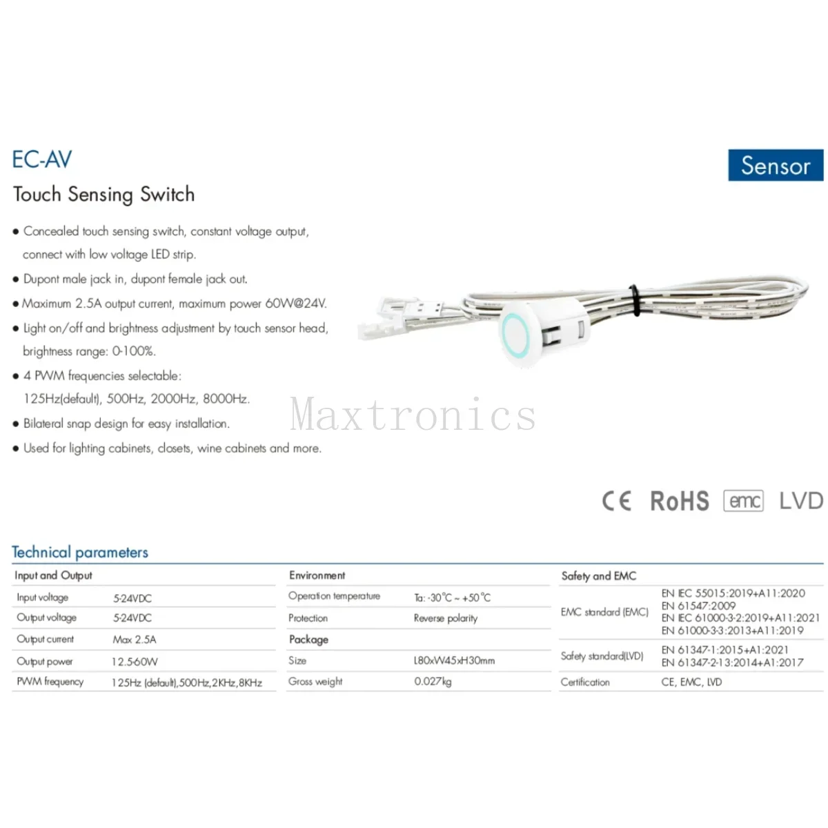 Interruptor de Sensor de detección táctil, atenuador LED de 2.5A, EC-AV para armarios de bajo voltaje, tira de luz Led de un solo Color, DC5-24V