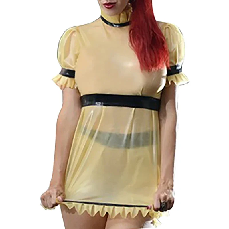 

Cosplay Sexy Latex Pajamas With Frills Puff Short Sleeves Rubber Dresses Nightgown