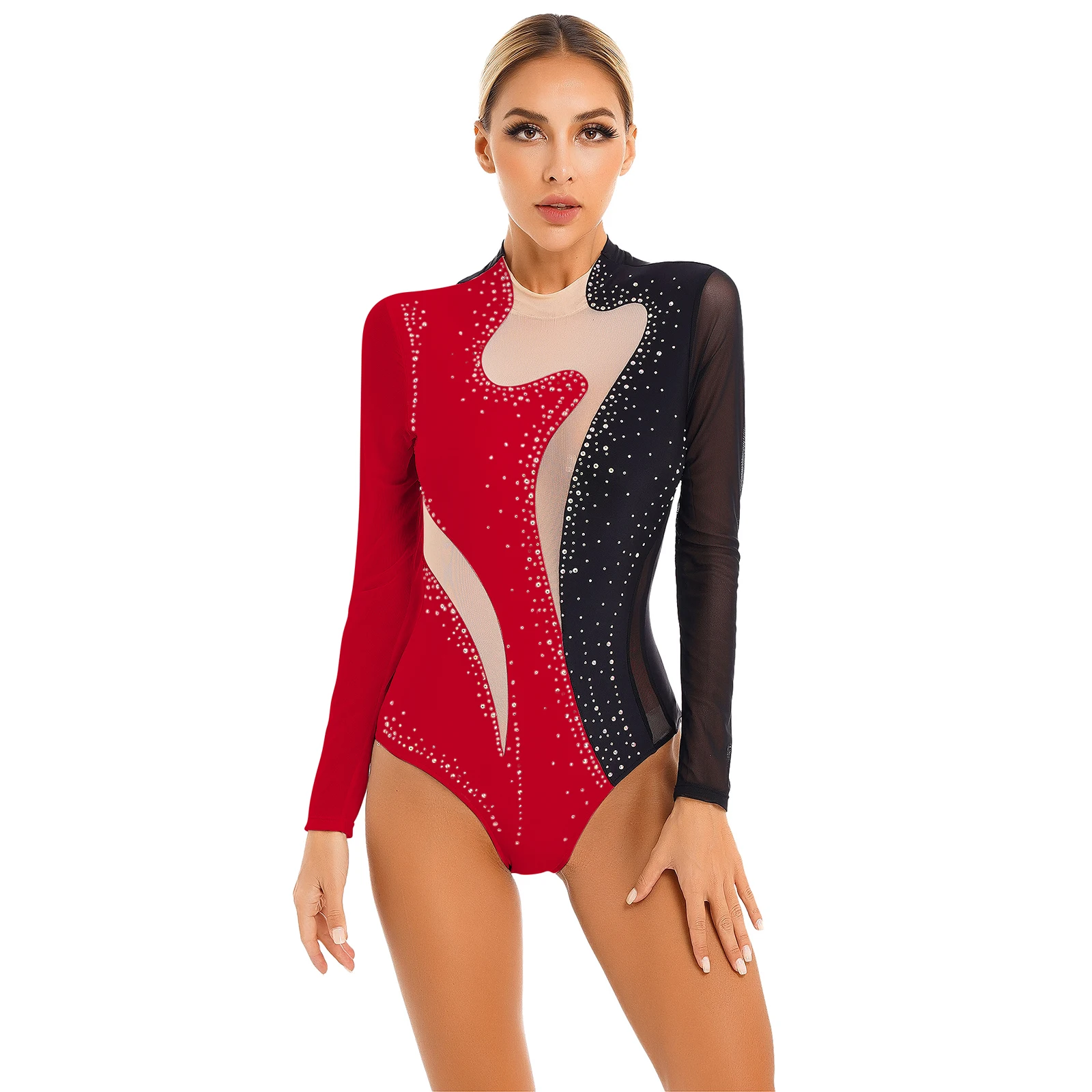 Women\'s Glitter Gymnastics Ballet Tights Jumpsuit Long Sleeve Mock Neck Ballet Leotards Bodysuit Figure Skating Dance Costume