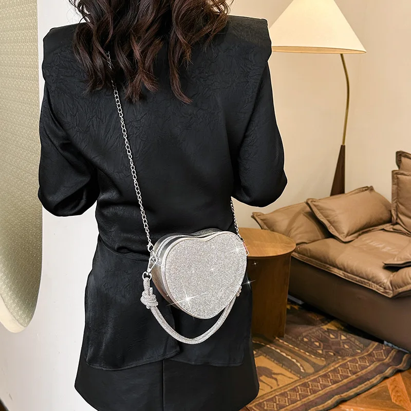 Luxury Diamonds Heart Design Handbags For Women Shiny Stone Women Shoulder Bag 2024 New Style Women\'s Bag Party Cute Purse