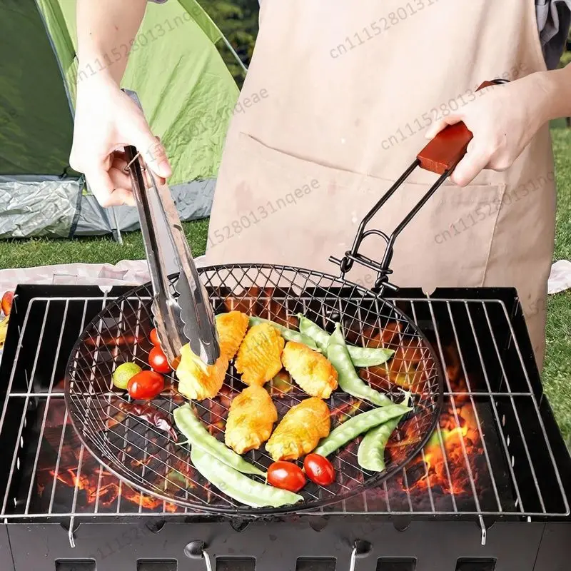 BBQ Basket Stainless Steel Fish BBQ Basket Wooden Handle Portable Outdoor BBQ Tool
