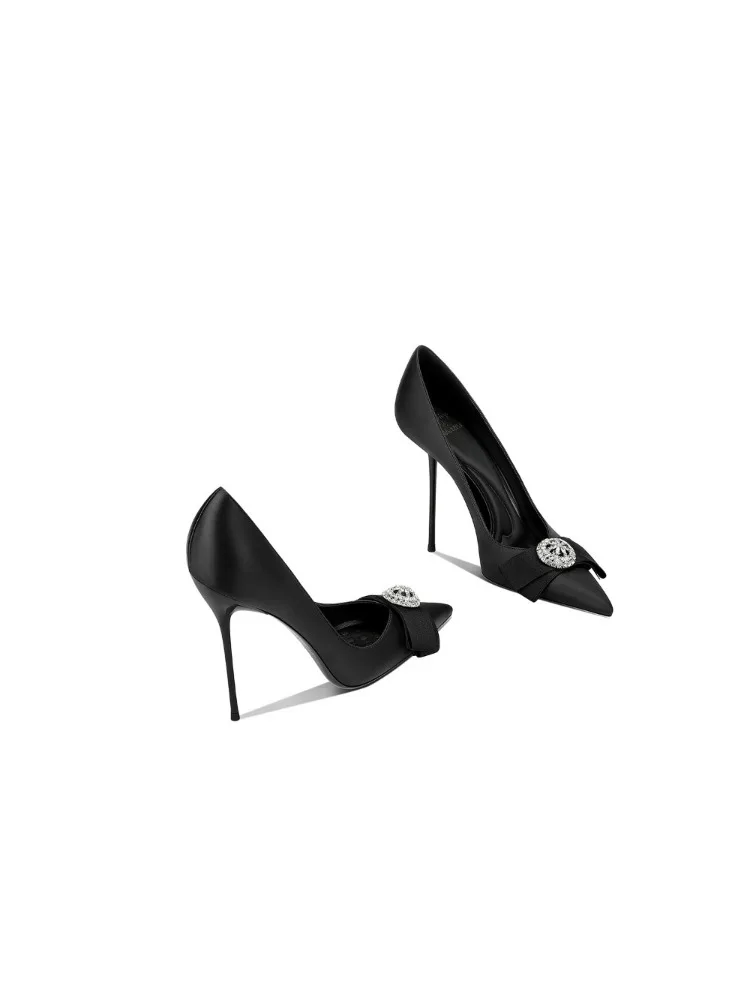 

Spring New Black Pointed Toe Thin Heel High Heels for Women Rhinestone Elegant Socialite Style Match Dresses