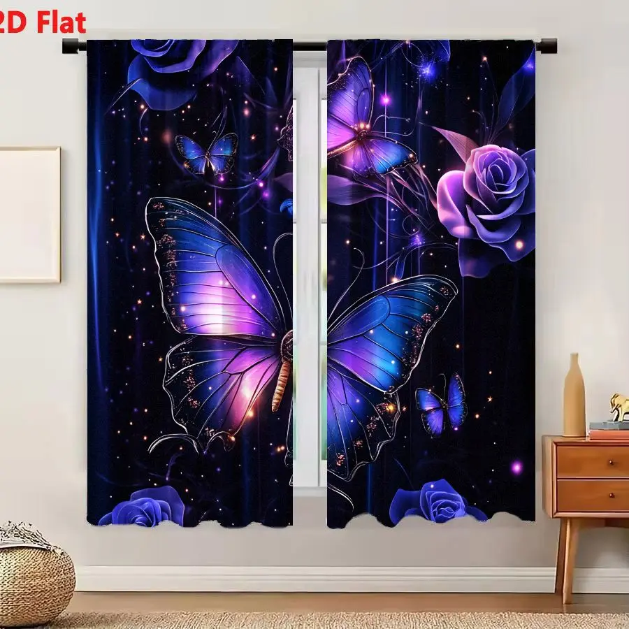2Pcs Curtains Add 2D Flat Vibrant Digital Fantasy Illustration Majestic Glowing Butterfly Electric Blue Purple Wings Circuitry P