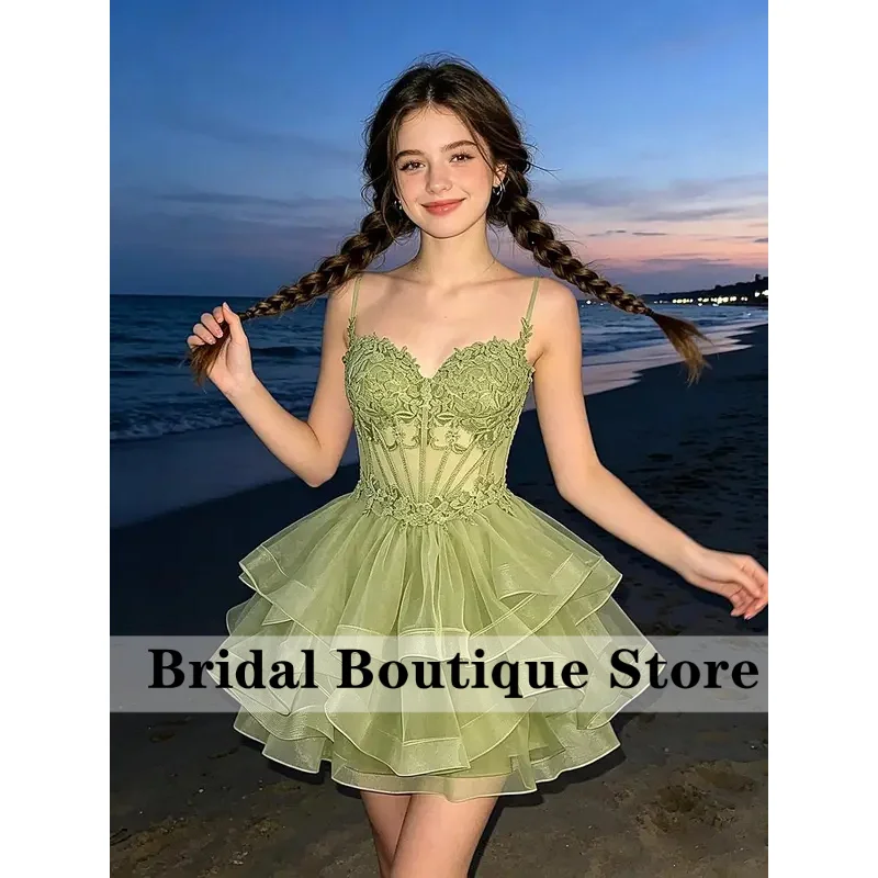 Customized Tiered Tulle Homecoming Dresses Lace Applique Short DAMA Dress | Spaghetti Straps HOCO Dresses for Teens
