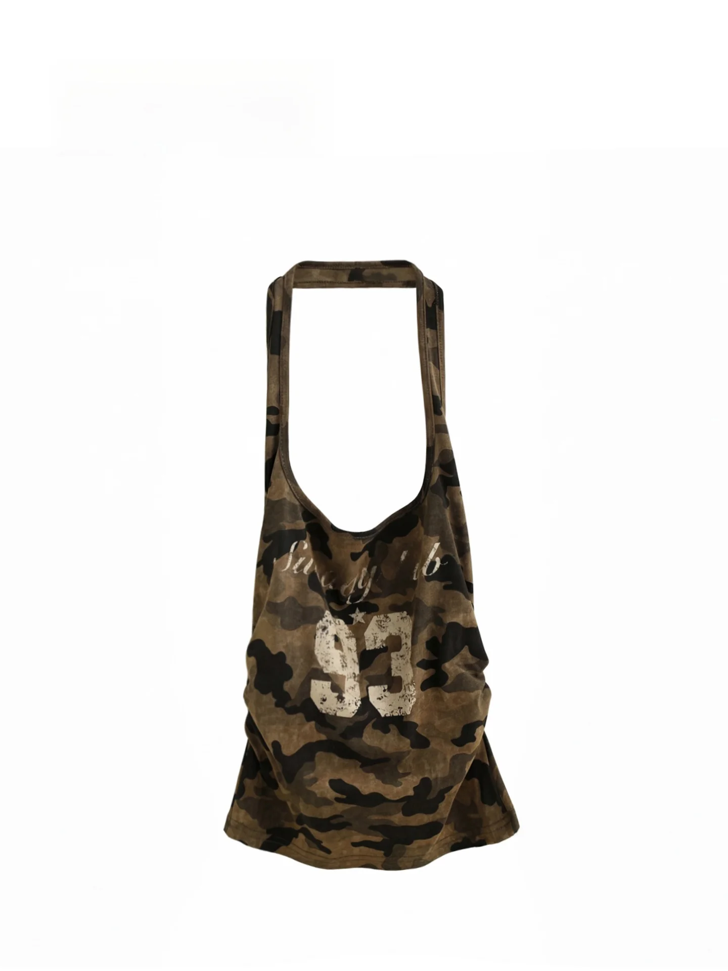 Summer New Style American Retro Hot Girl Short Pleated Camouflage Digital Print Hanging Neck Vest Top Women's Fashion Lace Ho...