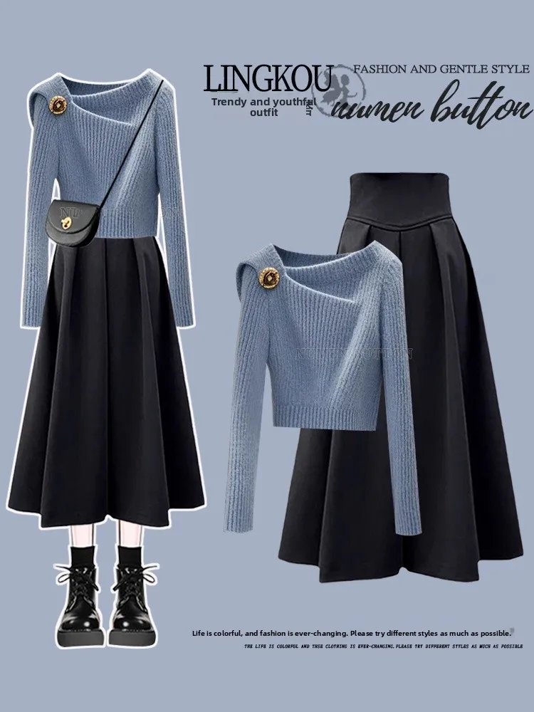 

High Waist Slim Fit Knit Top And Midi Skirt Two Piece Set for Women Autumn Professional Ensemble Casual Chic Outfit