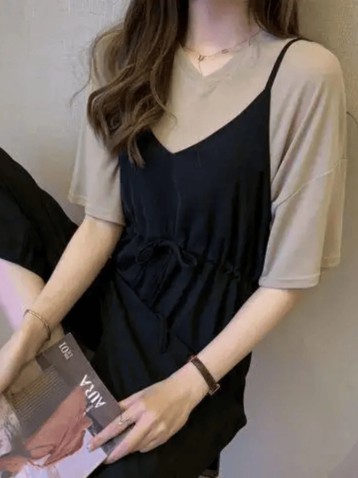 

Женский летний комплект 2024 в корейском стиле: топ и брюки больших размеров, скрывающие живот, с широкими штанинами, комплект из двух предметов