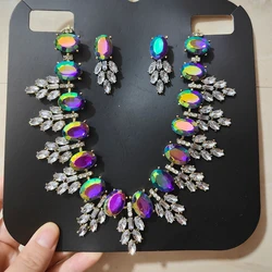 Costume Jewelry Vintage Gold Color Iridescent AB Blue Pink Crystal Rhinestone Statement Necklace and Earrings Set for Women