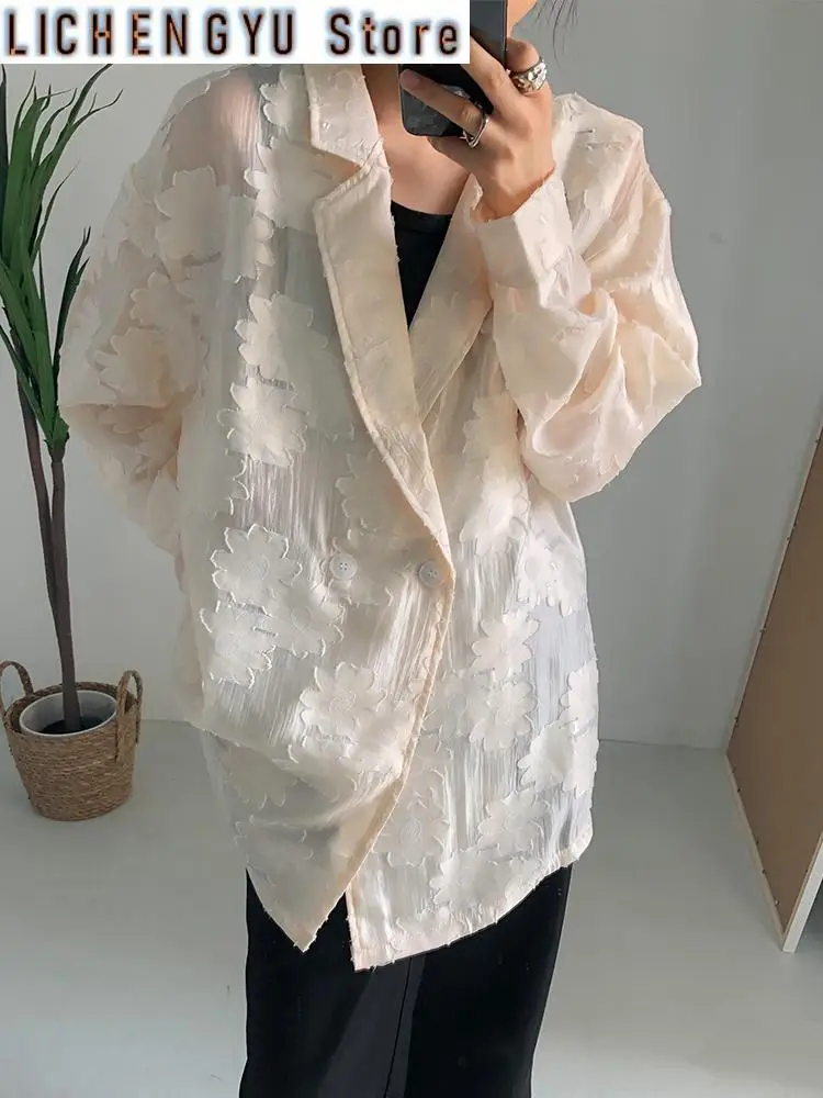 Women Beige Jacquard Embroidery Big Size Blouse New Lapel Long Sleeve Loose Fit Shirt Fashion Spring Autumn