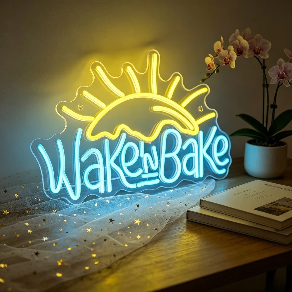 Wake N Bake Neon Sign LED Sunrise Cannabis Theme USB Wall Art for Bedroom Living Room Indoor Outdoor Home Bar Decoration
