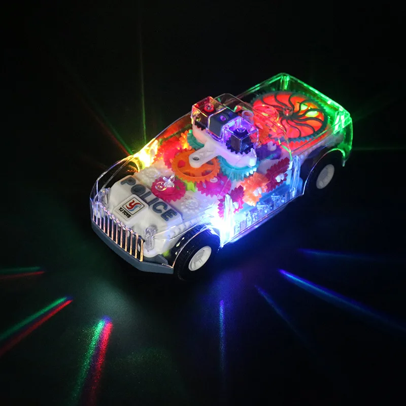 Light Up Transparent Gears Police Car Toy for Kids Bump and Go Toy Car for Boys Girl Educational Baby Toys Car Music LED Effects