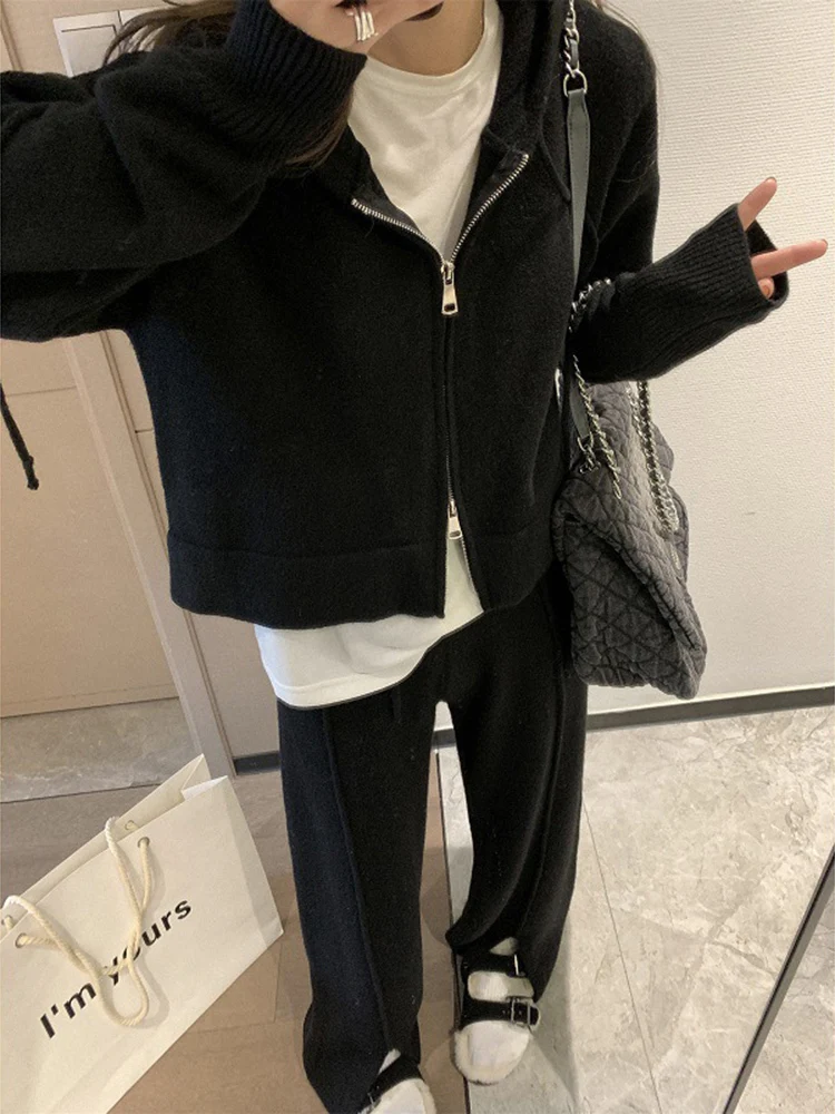 LANMREM Fashion Knitted 2 Piece Set Women Hooded Zipper Sweater High Waist Long Pants Casual 2024 Autumn New Clothing 2VV151