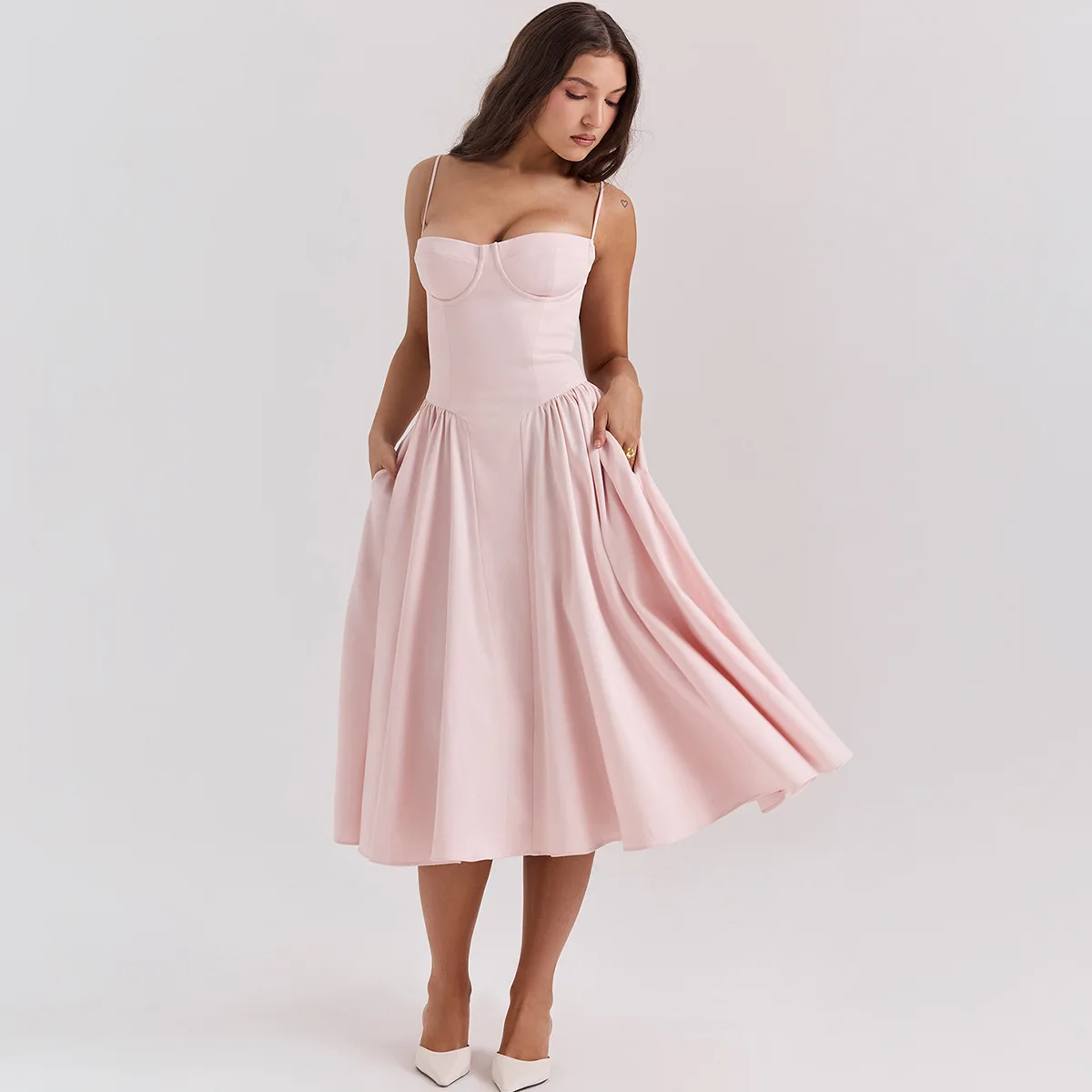 Sommer Frauen elegante ärmellose rücken freie Falten kleider Dame sexy feste Schlinge Midi-Kleid 2024 weibliche Party Abend A-Linie Roben – Detail 31