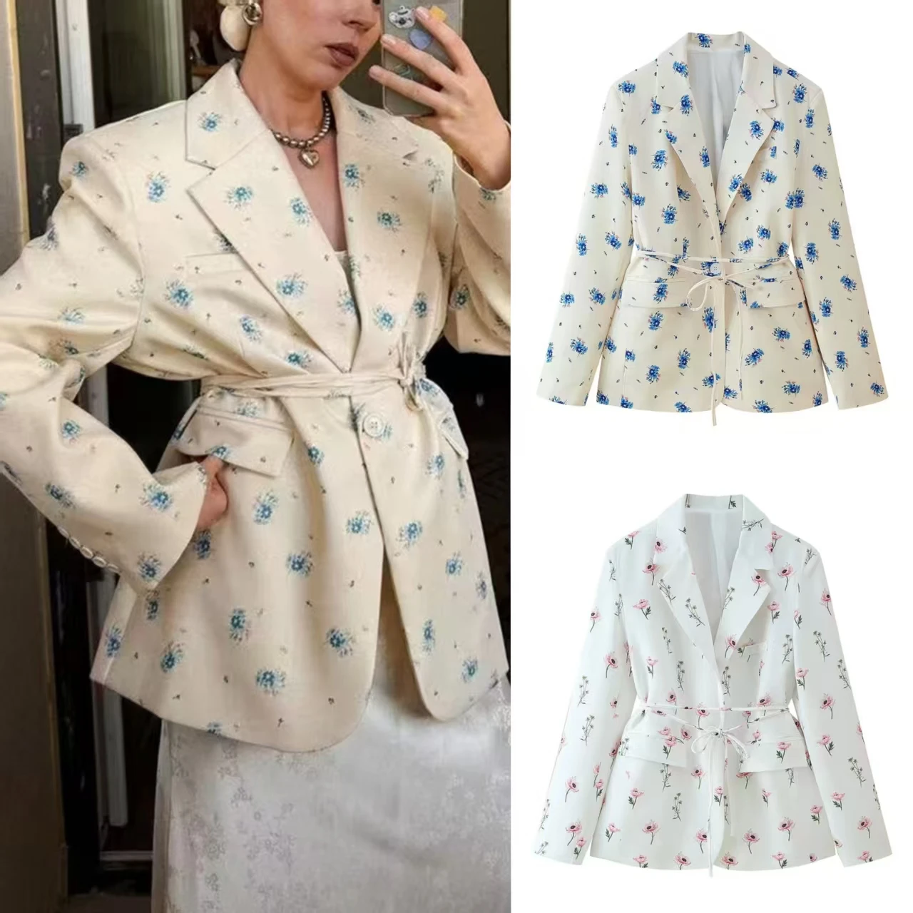 Guobioziy Women's Jacket 2026 Autumn New Print Long Sleeve Belted Loose Blazer Casual Fashion Unique