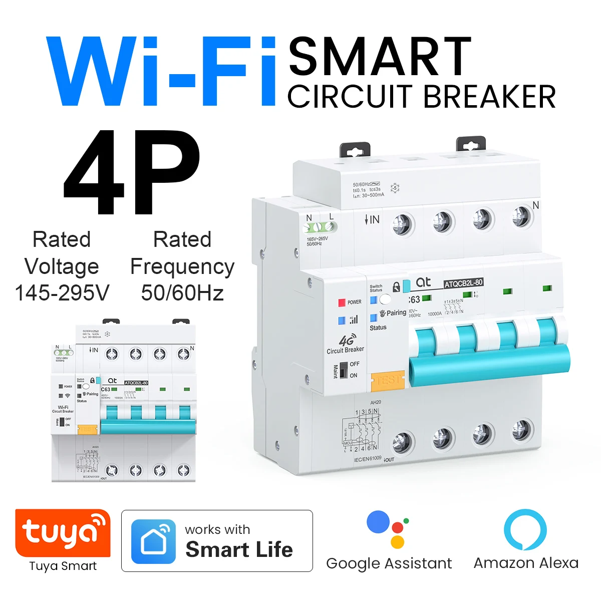 

Умный автоматический выключатель Tuya Wifi с функцией измерения энергопотребления, RCBO 2P 3P 4P 1-63A, регулируемый, с защитой от утечки тока и дистанционным управлением