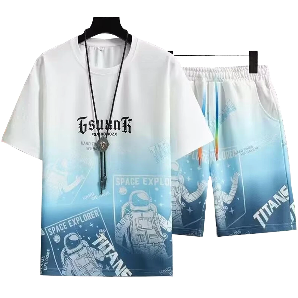 Men's Short Sleeved Round Neck T-shirt Casual Five Quarter Shorts Set Gradient Color Summer Sports Young Student Clothing