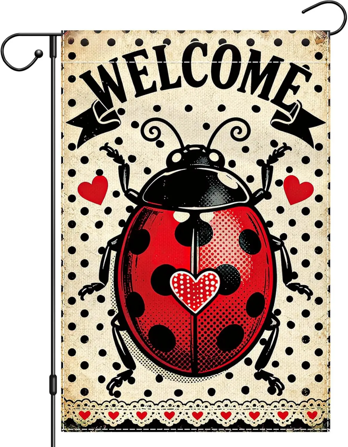 Welcome Spring Summer Ladybug Garden Flag 12x18 Inch Double Sided, Red Black Polka Funny Yard Flag for Outside, Small Burlap ZZM