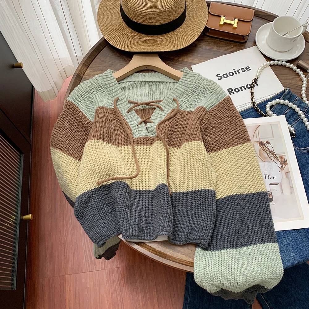 Vintage Contrast Color Stripe Women Sweaters Autumn Winter Long Sleeve Lace-up V-neck Knitted Tops Slim Short Knitwear Coats