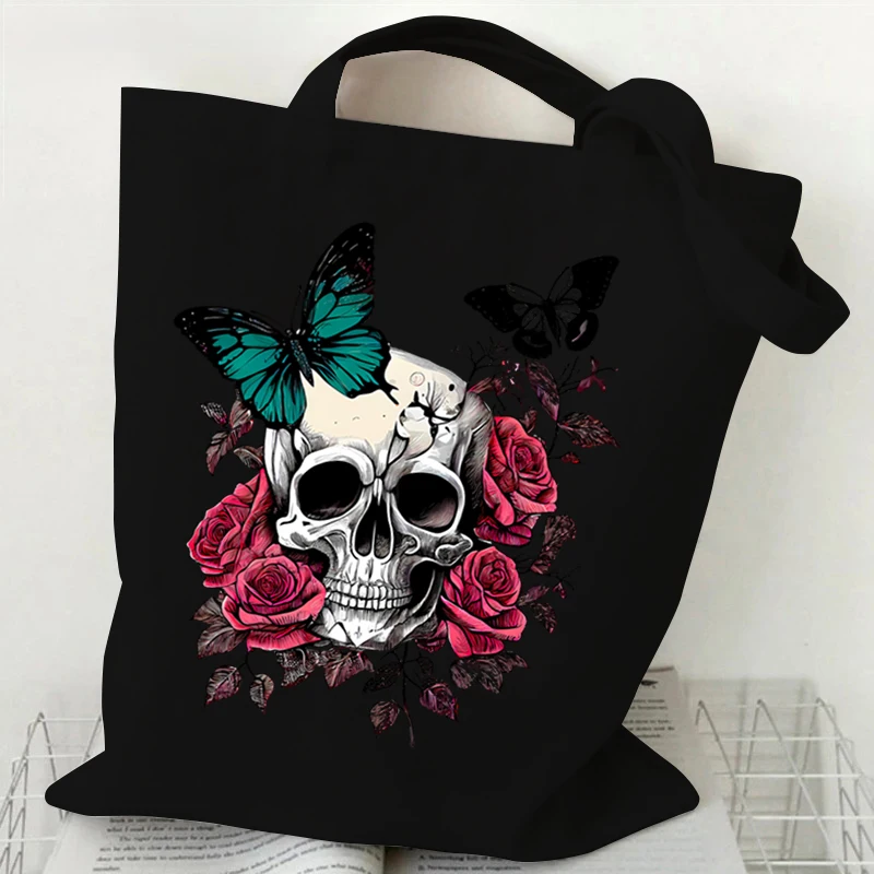 Skeleton Flower Pattern Canvas Shoulder Bag Vintage Flower Butterfly Print Tote Bags Retro Skull Butterfly Print Women\'s Handbag