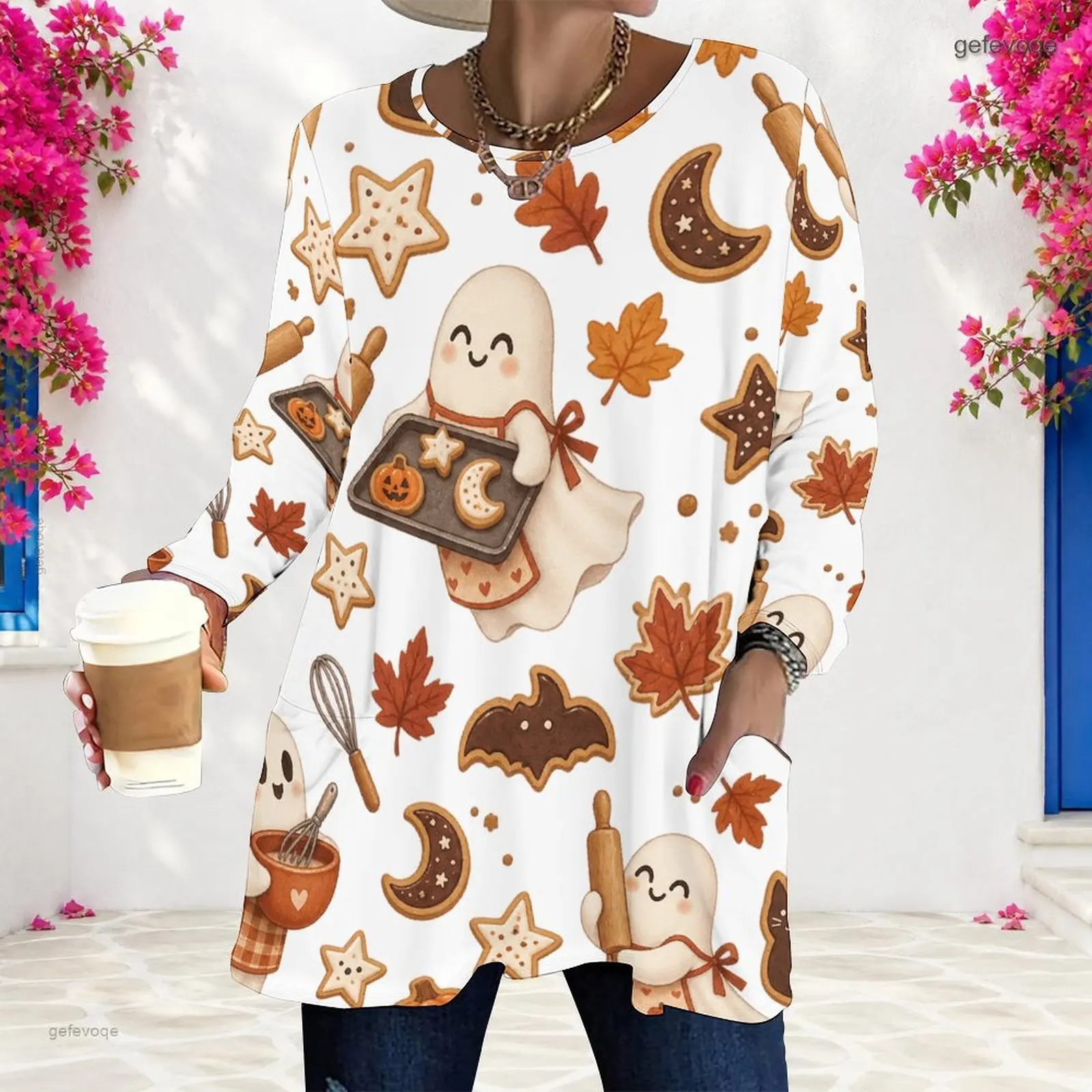 Women Round Neck Long Sleeve Loose Top, All Over Printed Cute Baking Ghost Cookie Maple Leaf Pattern With Side Pockets