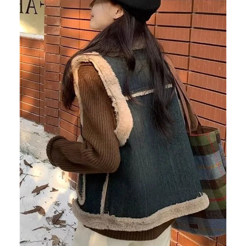 

Весенне-осенний женский модный повседневный ковбойский жилет, куртка 2025 года, женский лоскутный жилет, верхняя одежда, корейское женское джинсовое пальто без рукавов