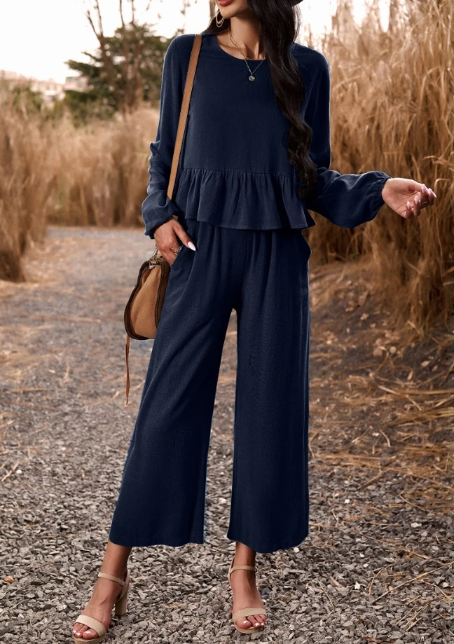 

Temperament Commuting Casual Set Solid Color Long Sleeve Top Loose Pants Spring Elegant Women's Fashion Pants Set