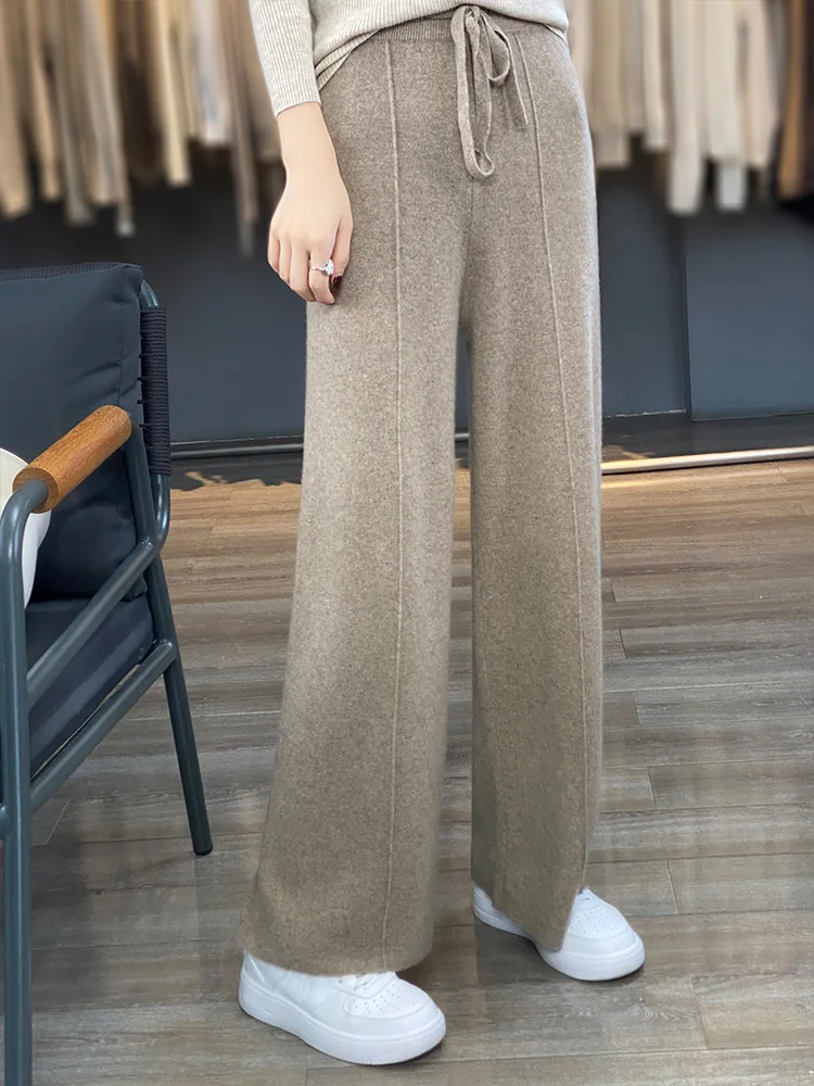 Autumn Winter 100% Merino Wool Wide Leg Pants Women Trousers Elastic Waist Knitwear Comfortable Cashmere Solid Casual Fashion