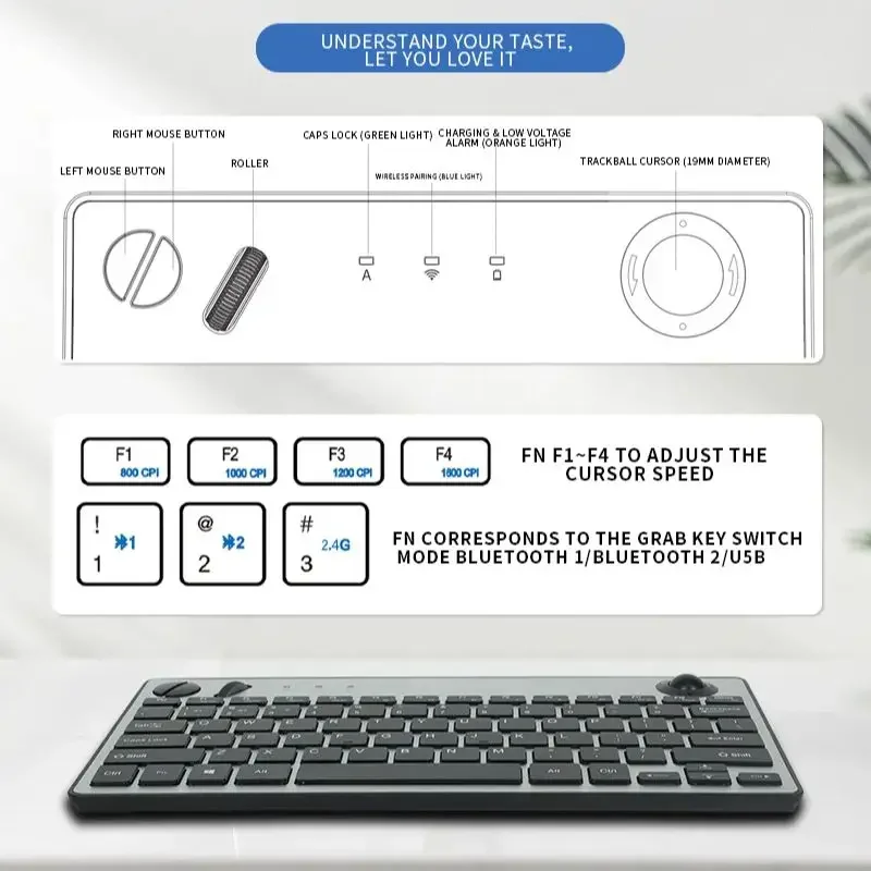 Wireless Keyboard with Trackball Air Mouse 1600dpi Bluetooth Keyboard for TV iPad Phone Laptop Slient Click Keyboard