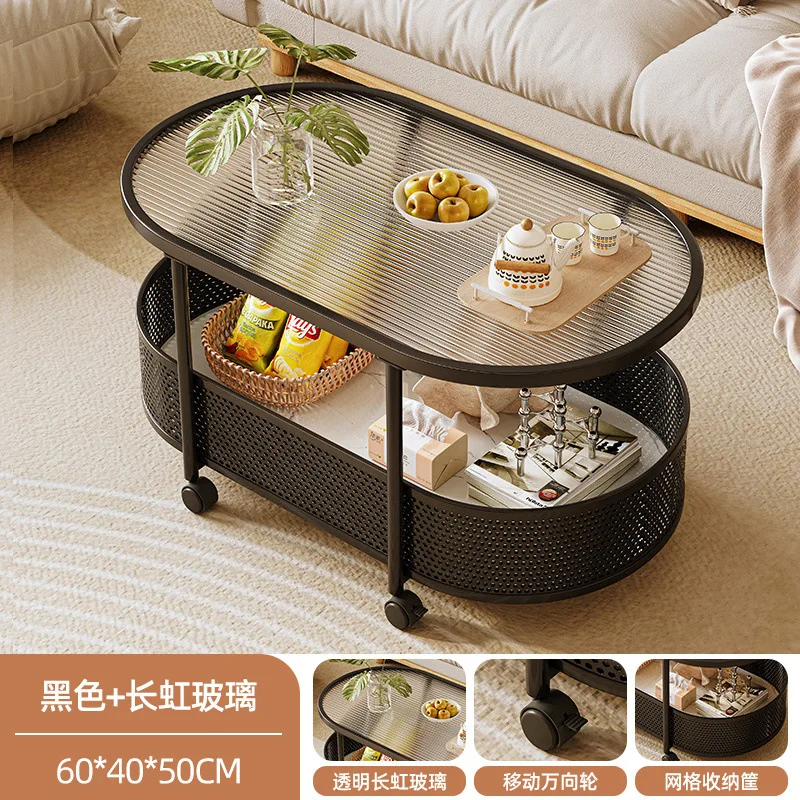 Simple Modern Movable Coffee Table with Wheels Light Luxury Glass Side Table