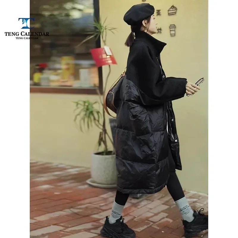 Down Cotton Jacket, European Style Stand Up Collar Spliced Wool Loose Mid Length Casual Jacket, Women's Winter New Style